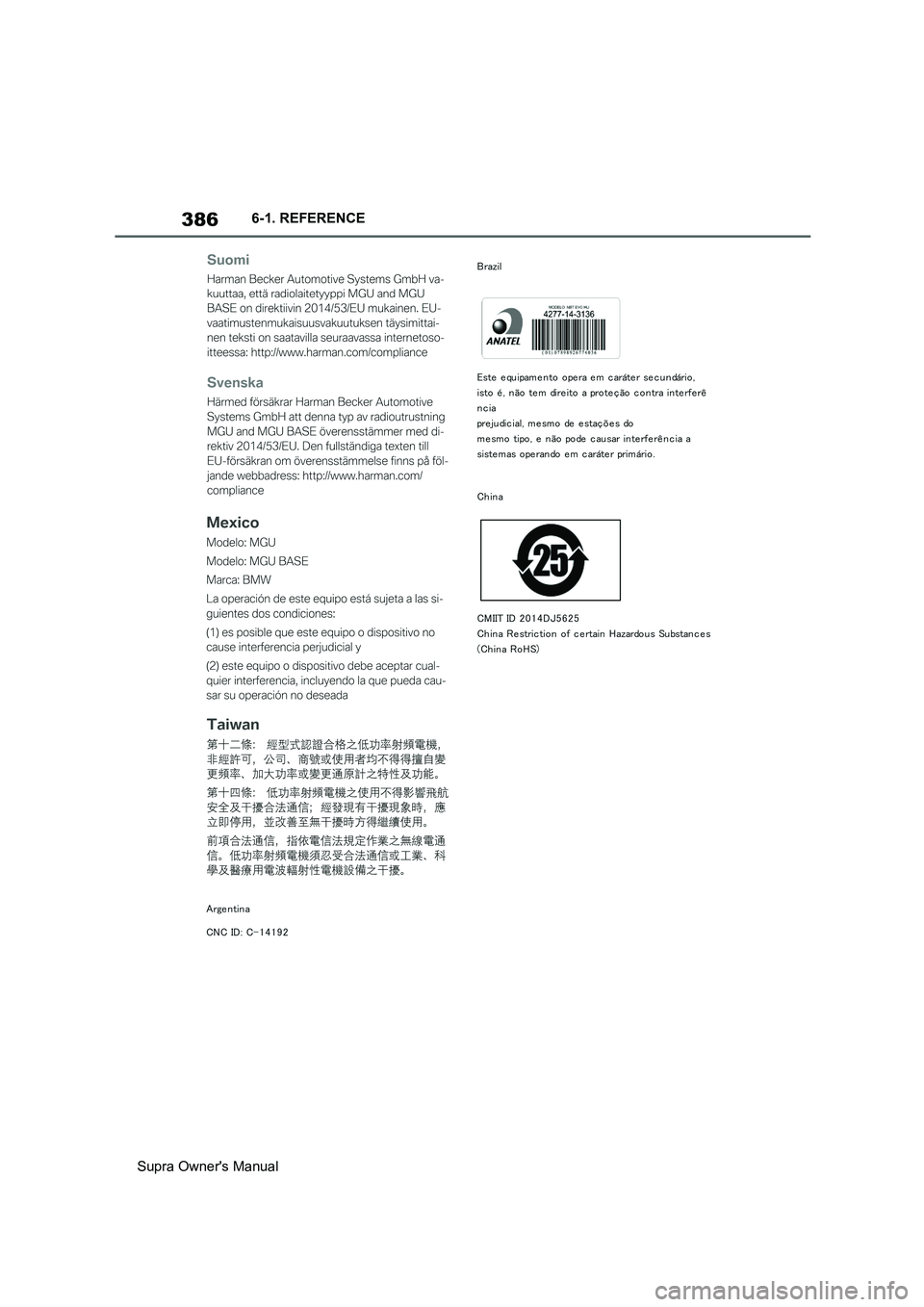 TOYOTA SUPRA 2019  Owners Manual 386
Supra Owners Manual6-1. REFERENCE 