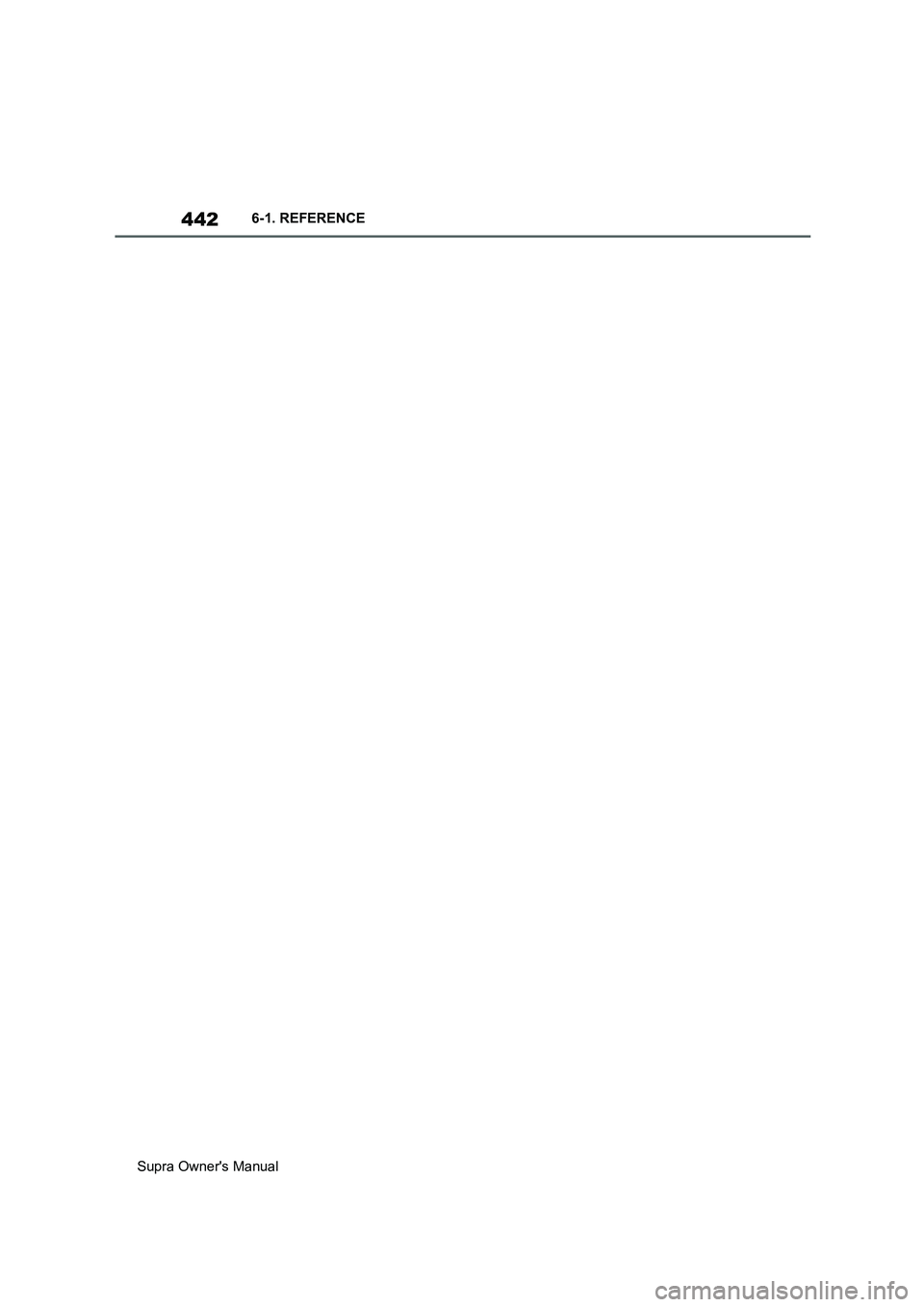 TOYOTA SUPRA 2019 Owners Manual 442
Supra Owners Manual6-1. REFERENCE TOYOTA SUPRA 2019 Owners Manual 442
Supra Owners Manual6-1. REFERENCE