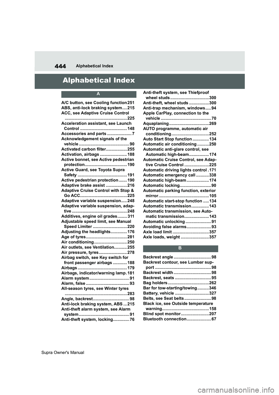 TOYOTA SUPRA 2019 Owners Manual 444
Supra Owners ManualAlphabetical Index
Alphabetical Index
A
A/C button, see Cooling function 251
ABS, anti-lock braking system.... 215
ACC, see Adaptive Cruise Control
............................ TOYOTA SUPRA 2019 Owners Manual 444
Supra Owners ManualAlphabetical Index
Alphabetical Index
A
A/C button, see Cooling function 251
ABS, anti-lock braking system.... 215
ACC, see Adaptive Cruise Control
............................