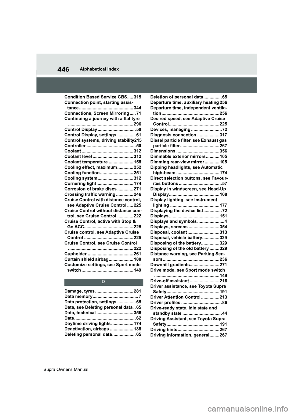 TOYOTA SUPRA 2019 Owners Manual 446
Supra Owners ManualAlphabetical Index
Condition Based Service CBS..... 315
Connection point, starting assis-
tance ............................................ 344
Connections, Screen Mirroring . TOYOTA SUPRA 2019 Owners Manual 446
Supra Owners ManualAlphabetical Index
Condition Based Service CBS..... 315
Connection point, starting assis-
tance ............................................ 344
Connections, Screen Mirroring .