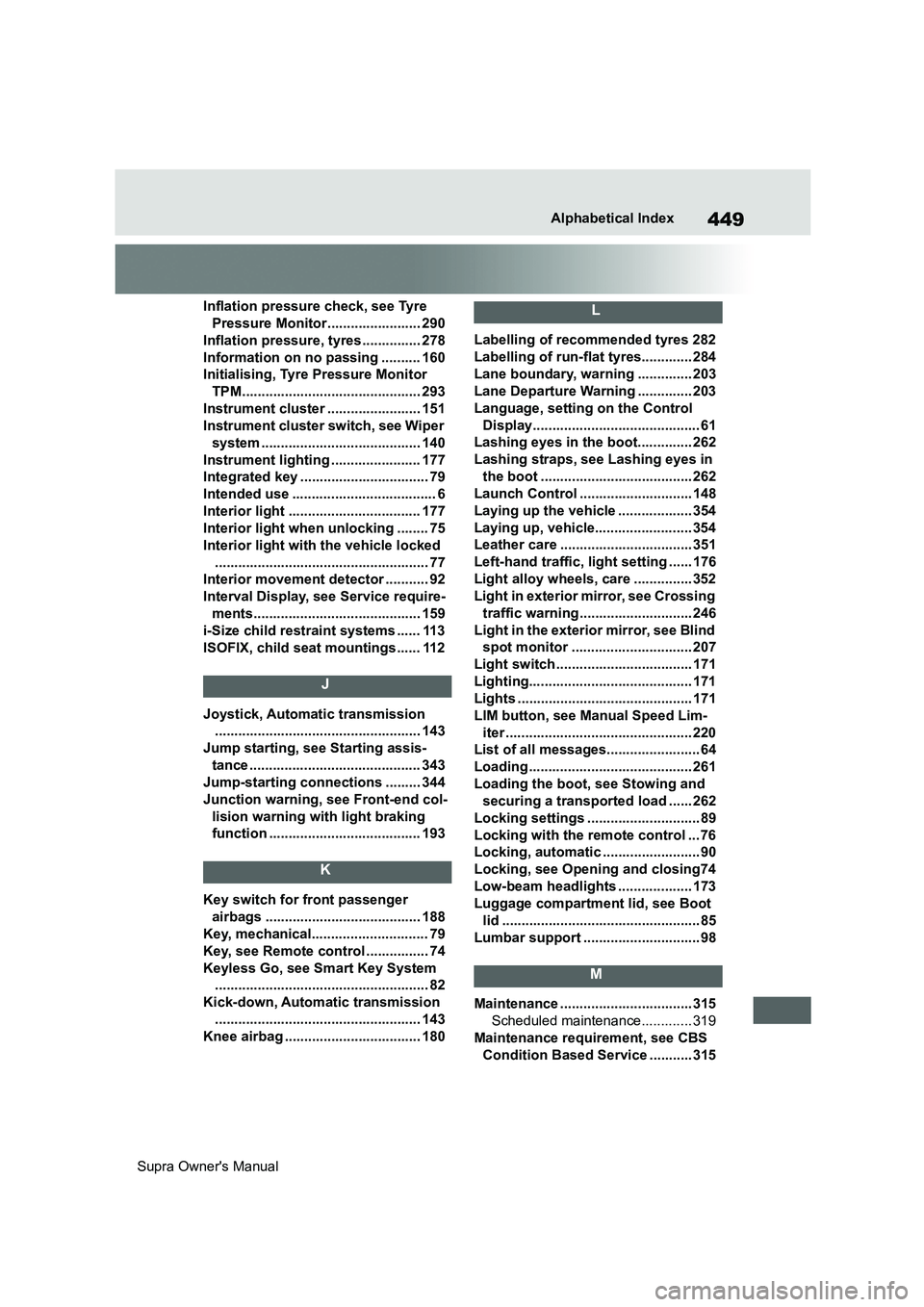 TOYOTA SUPRA 2019 Owners Manual 449
Supra Owners ManualAlphabetical Index
Inflation pressure check, see Tyre
Pressure Monitor........................ 290
Inflation pressure, tyres............... 278
Information on no passing ..... TOYOTA SUPRA 2019 Owners Manual 449
Supra Owners ManualAlphabetical Index
Inflation pressure check, see Tyre
Pressure Monitor........................ 290
Inflation pressure, tyres............... 278
Information on no passing .....
