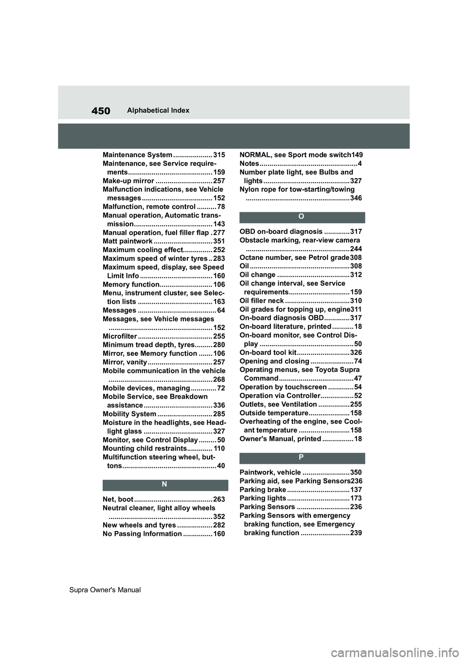 TOYOTA SUPRA 2019 Owners Manual 450
Supra Owners ManualAlphabetical Index
Maintenance System .................... 315
Maintenance, see Service require-
ments........................................... 159
Make-up mirror ........... TOYOTA SUPRA 2019 Owners Manual 450
Supra Owners ManualAlphabetical Index
Maintenance System .................... 315
Maintenance, see Service require-
ments........................................... 159
Make-up mirror ...........