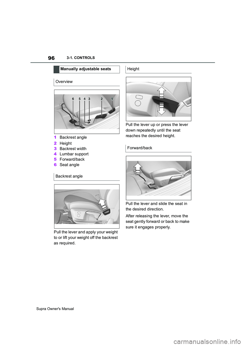 TOYOTA SUPRA 2019  Owners Manual 96
Supra Owners Manual3-1. CONTROLS
1Backrest angle
2Height
3Backrest width
4Lumbar support
5Forward/back
6Seat angle
Pull the lever and apply your weight 
to or lift your weight off the backrest 
as