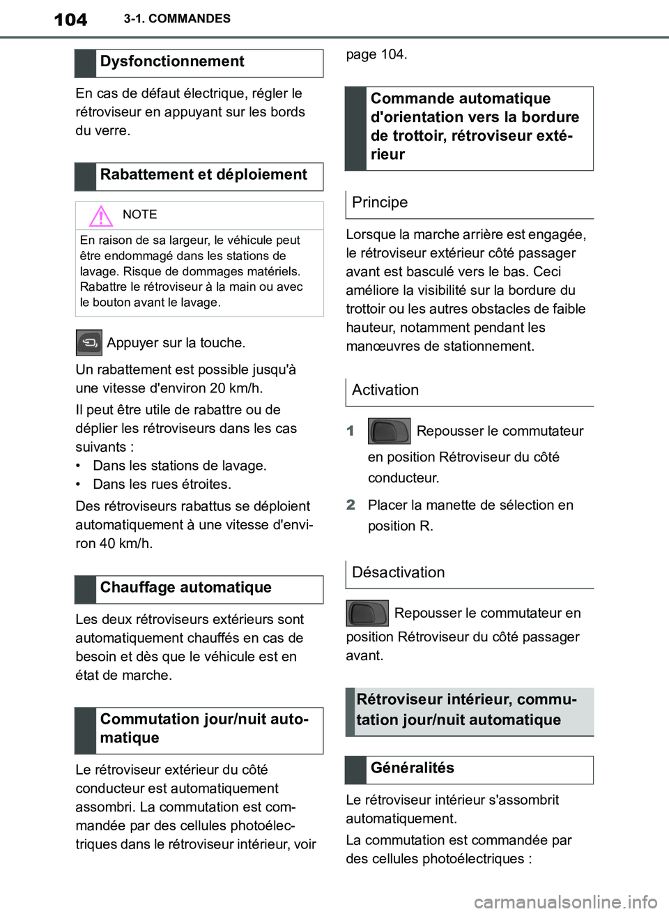 TOYOTA SUPRA 2019 Notices Demploi (in French) 104
Supra Owners Manual_EK
3-1. COMMANDES
En cas de défaut électrique, régler le
rétroviseur en appuyant sur les bords
du verre.
Appuyer sur la touche.
Un rabattement est possible jusquà
un TOYOTA SUPRA 2019 Notices Demploi (in French) 104
Supra Owners Manual_EK
3-1. COMMANDES
En cas de défaut électrique, régler le
rétroviseur en appuyant sur les bords
du verre.
Appuyer sur la touche.
Un rabattement est possible jusquà
un