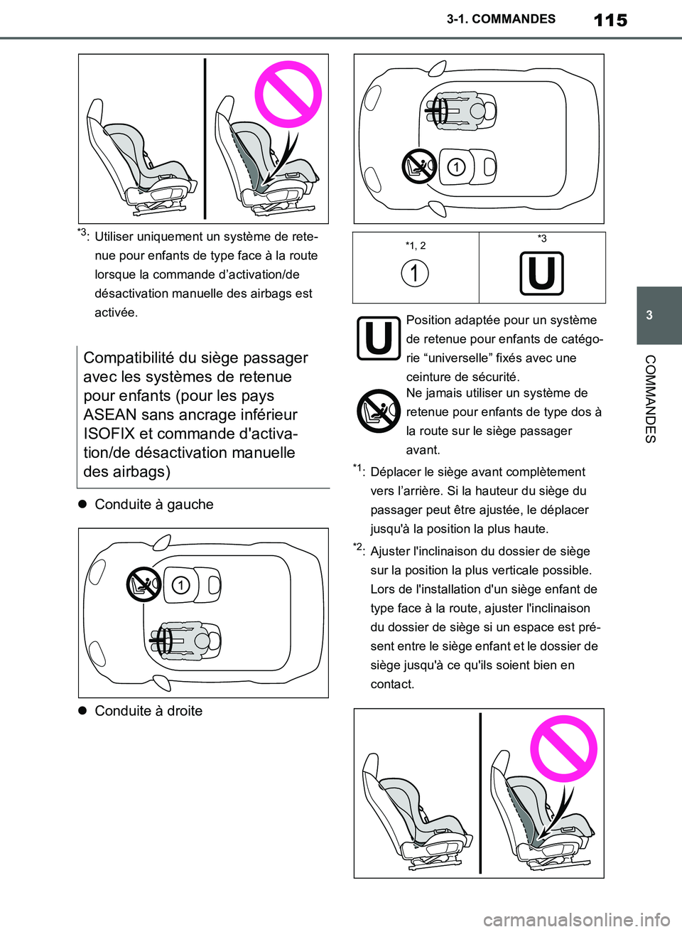 TOYOTA SUPRA 2019 Notices Demploi (in French) 115
3
Supra Owners Manual_EK
3-1. COMMANDES
COMMANDES
*3: Utiliser uniquement un système de rete-
nue pour enfants de type face à la route
lorsque la commande d’activation/de
désactivation man TOYOTA SUPRA 2019 Notices Demploi (in French) 115
3
Supra Owners Manual_EK
3-1. COMMANDES
COMMANDES
*3: Utiliser uniquement un système de rete-
nue pour enfants de type face à la route
lorsque la commande d’activation/de
désactivation man