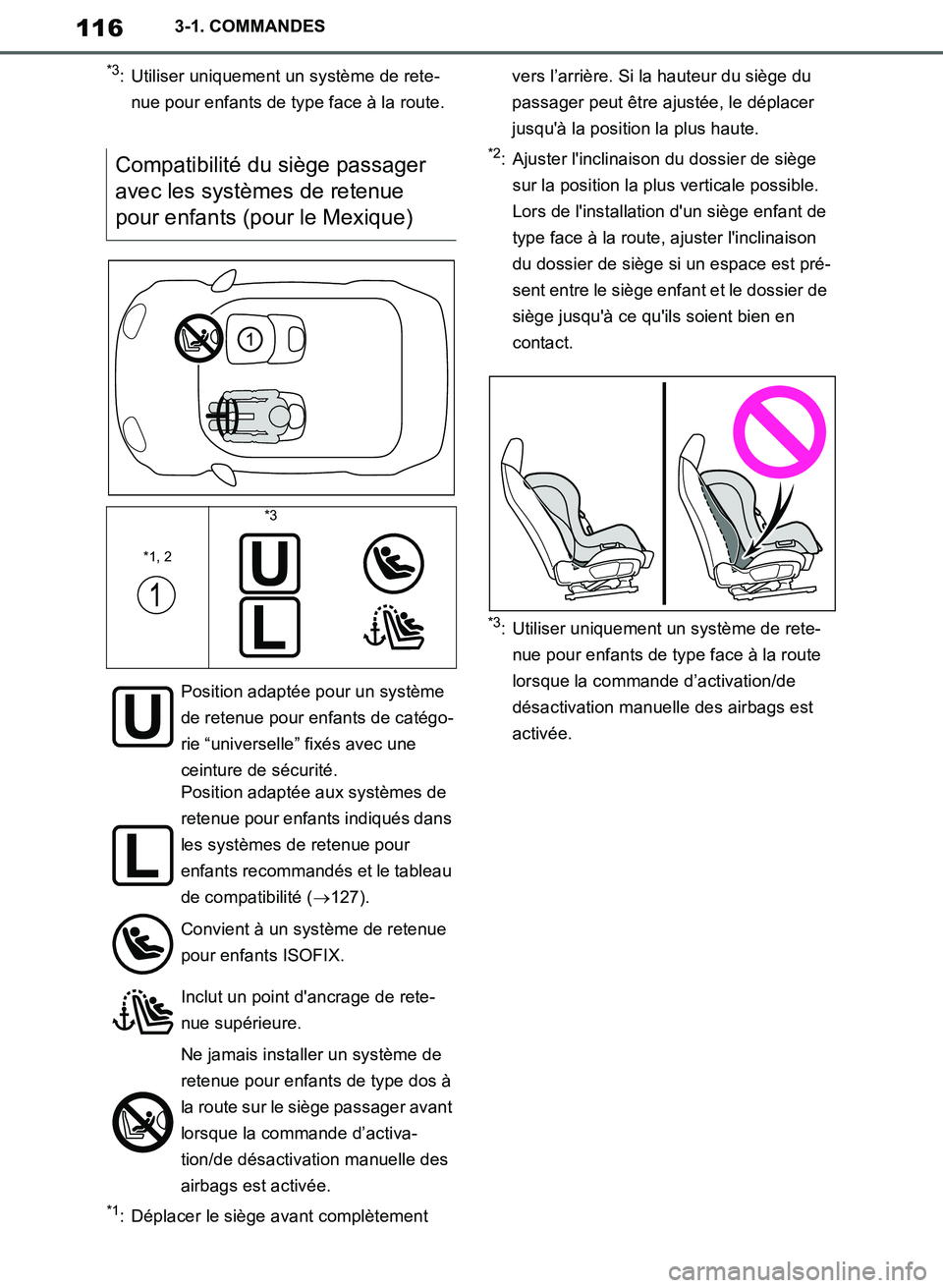 TOYOTA SUPRA 2019 Notices Demploi (in French) 116
Supra Owners Manual_EK
3-1. COMMANDES
*3: Utiliser uniquement un système de rete-
nue pour enfants de type face à la route.
*1: Déplacer le siège avant complètement vers l’arrière. Si la TOYOTA SUPRA 2019 Notices Demploi (in French) 116
Supra Owners Manual_EK
3-1. COMMANDES
*3: Utiliser uniquement un système de rete-
nue pour enfants de type face à la route.
*1: Déplacer le siège avant complètement vers l’arrière. Si la