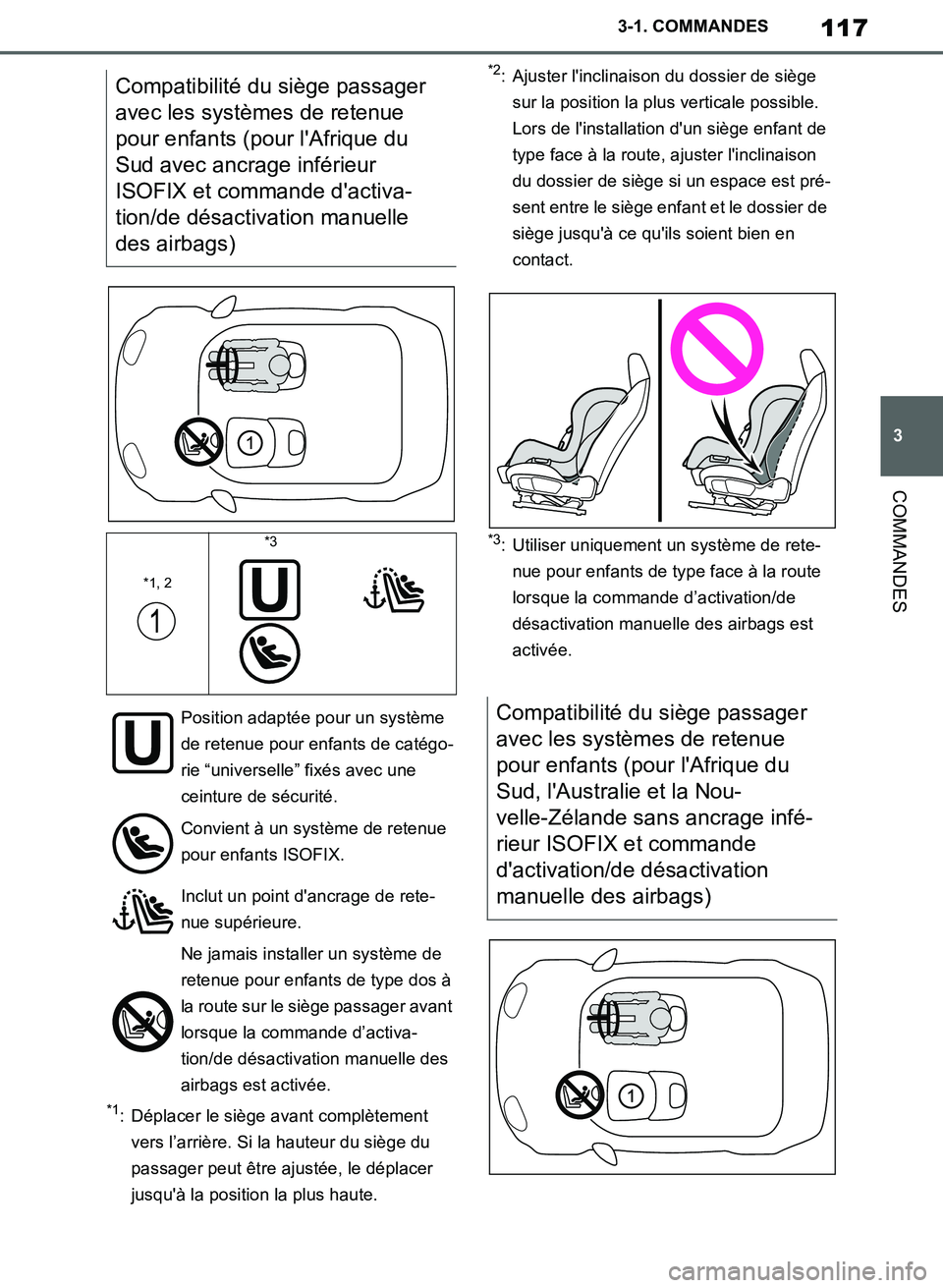 TOYOTA SUPRA 2019 Notices Demploi (in French) 117
3
Supra Owners Manual_EK
3-1. COMMANDES
COMMANDES
*1: Déplacer le siège avant complètement
vers l’arrière. Si la hauteur du siège du
passager peut être ajustée, le déplacer
jusquà TOYOTA SUPRA 2019 Notices Demploi (in French) 117
3
Supra Owners Manual_EK
3-1. COMMANDES
COMMANDES
*1: Déplacer le siège avant complètement
vers l’arrière. Si la hauteur du siège du
passager peut être ajustée, le déplacer
jusquà