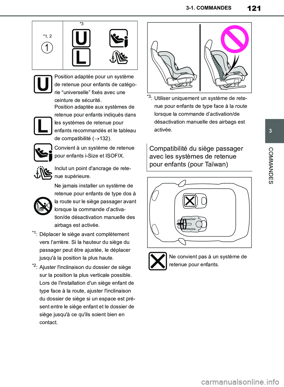 TOYOTA SUPRA 2019 Notices Demploi (in French) 121
3
Supra Owners Manual_EK
3-1. COMMANDES
COMMANDES
*1: Déplacer le siège avant complètement
vers l’arrière. Si la hauteur du siège du
passager peut être ajustée, le déplacer
jusquà TOYOTA SUPRA 2019 Notices Demploi (in French) 121
3
Supra Owners Manual_EK
3-1. COMMANDES
COMMANDES
*1: Déplacer le siège avant complètement
vers l’arrière. Si la hauteur du siège du
passager peut être ajustée, le déplacer
jusquà