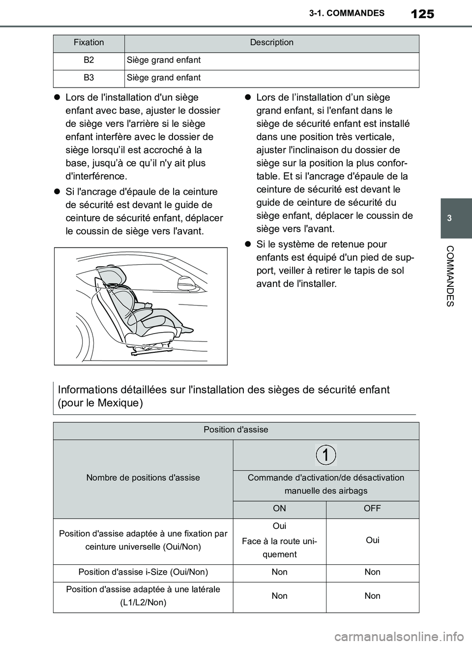 TOYOTA SUPRA 2019 Notices Demploi (in French) 125
3
Supra Owners Manual_EK
3-1. COMMANDES
COMMANDES
Lors de linstallation dun siège
enfant avec base, ajuster le dossier
de siège vers larrière si le siège
enfant interfère avec le do TOYOTA SUPRA 2019 Notices Demploi (in French) 125
3
Supra Owners Manual_EK
3-1. COMMANDES
COMMANDES
Lors de linstallation dun siège
enfant avec base, ajuster le dossier
de siège vers larrière si le siège
enfant interfère avec le do