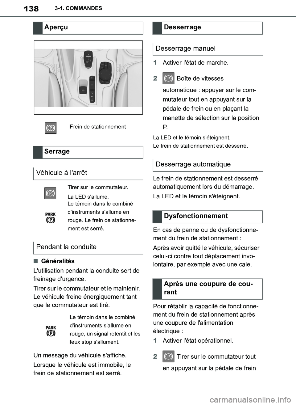 TOYOTA SUPRA 2019 Notices Demploi (in French) 138
Supra Owners Manual_EK
3-1. COMMANDES
■Généralités
Lutilisation pendant la conduite sert de
freinage durgence.
Tirer sur le commutateur et le maintenir.
Le véhicule freine énergiquemen TOYOTA SUPRA 2019 Notices Demploi (in French) 138
Supra Owners Manual_EK
3-1. COMMANDES
■Généralités
Lutilisation pendant la conduite sert de
freinage durgence.
Tirer sur le commutateur et le maintenir.
Le véhicule freine énergiquemen