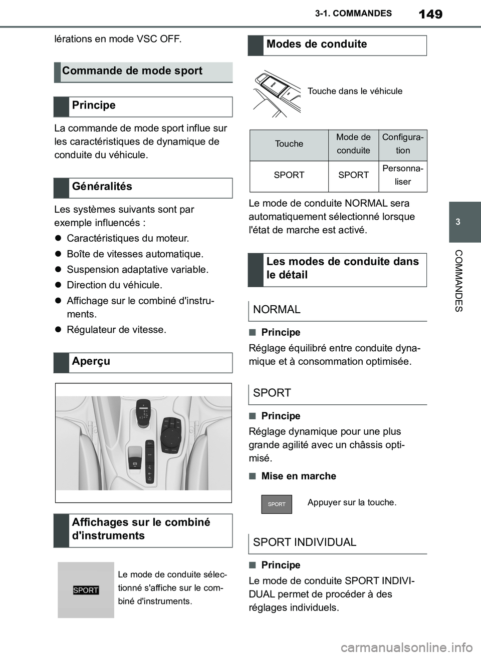 TOYOTA SUPRA 2019 Notices Demploi (in French) 149
3
Supra Owners Manual_EK
3-1. COMMANDES
COMMANDES
lérations en mode VSC OFF.
La commande de mode sport influe sur
les caractéristiques de dynamique de
conduite du véhicule.
Les systèmes sui TOYOTA SUPRA 2019 Notices Demploi (in French) 149
3
Supra Owners Manual_EK
3-1. COMMANDES
COMMANDES
lérations en mode VSC OFF.
La commande de mode sport influe sur
les caractéristiques de dynamique de
conduite du véhicule.
Les systèmes sui