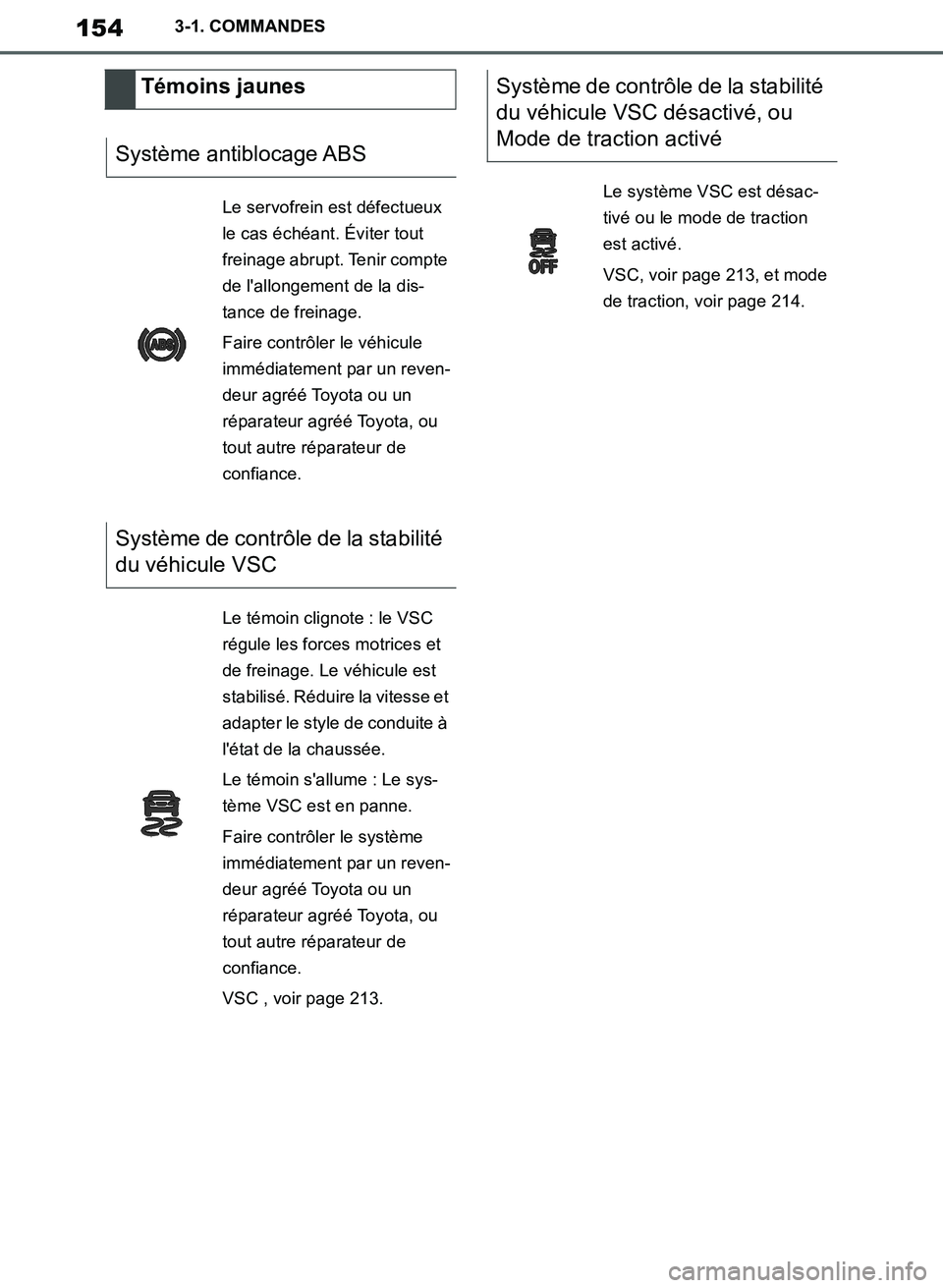 TOYOTA SUPRA 2019 Notices Demploi (in French) 154
Supra Owners Manual_EK
3-1. COMMANDES
Témoins jaunes
Système antiblocage ABS
Le servofrein est défectueux
le cas échéant. Éviter tout
freinage abrupt. Tenir compte
de lallongement de la TOYOTA SUPRA 2019 Notices Demploi (in French) 154
Supra Owners Manual_EK
3-1. COMMANDES
Témoins jaunes
Système antiblocage ABS
Le servofrein est défectueux
le cas échéant. Éviter tout
freinage abrupt. Tenir compte
de lallongement de la