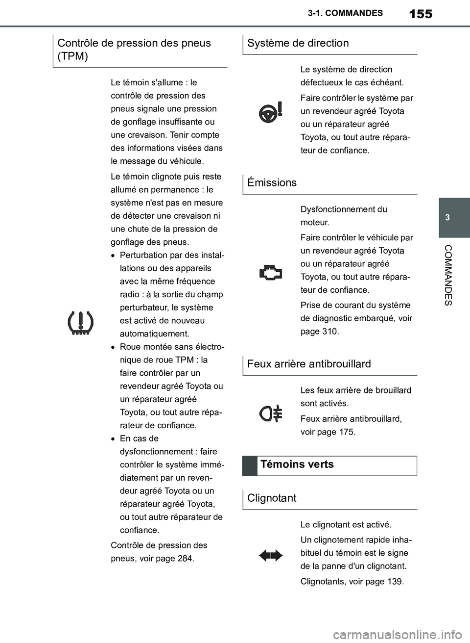 TOYOTA SUPRA 2019 Notices Demploi (in French) 155
3
Supra Owners Manual_EK
3-1. COMMANDES
COMMANDES
Contrôle de pression des pneus
(TPM)
Le témoin sallume : le
contrôle de pression des
pneus signale une pression
de gonflage insuffisante TOYOTA SUPRA 2019 Notices Demploi (in French) 155
3
Supra Owners Manual_EK
3-1. COMMANDES
COMMANDES
Contrôle de pression des pneus
(TPM)
Le témoin sallume : le
contrôle de pression des
pneus signale une pression
de gonflage insuffisante