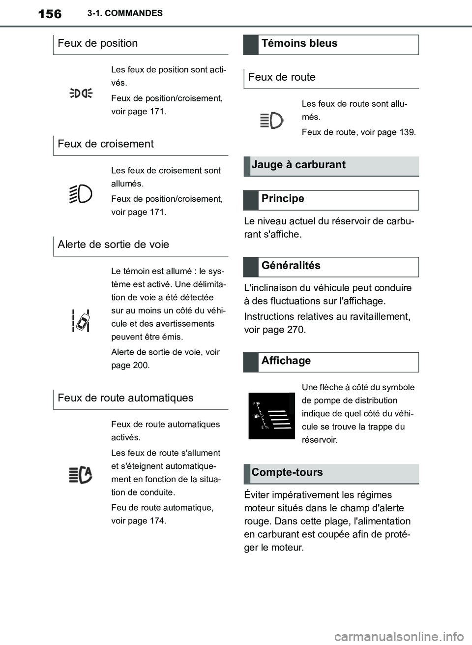 TOYOTA SUPRA 2019 Notices Demploi (in French) 156
Supra Owners Manual_EK
3-1. COMMANDES
Le niveau actuel du réservoir de carbu-
rant saffiche.
Linclinaison du véhicule peut conduire
à des fluctuations sur laffichage.
Instructions relative TOYOTA SUPRA 2019 Notices Demploi (in French) 156
Supra Owners Manual_EK
3-1. COMMANDES
Le niveau actuel du réservoir de carbu-
rant saffiche.
Linclinaison du véhicule peut conduire
à des fluctuations sur laffichage.
Instructions relative