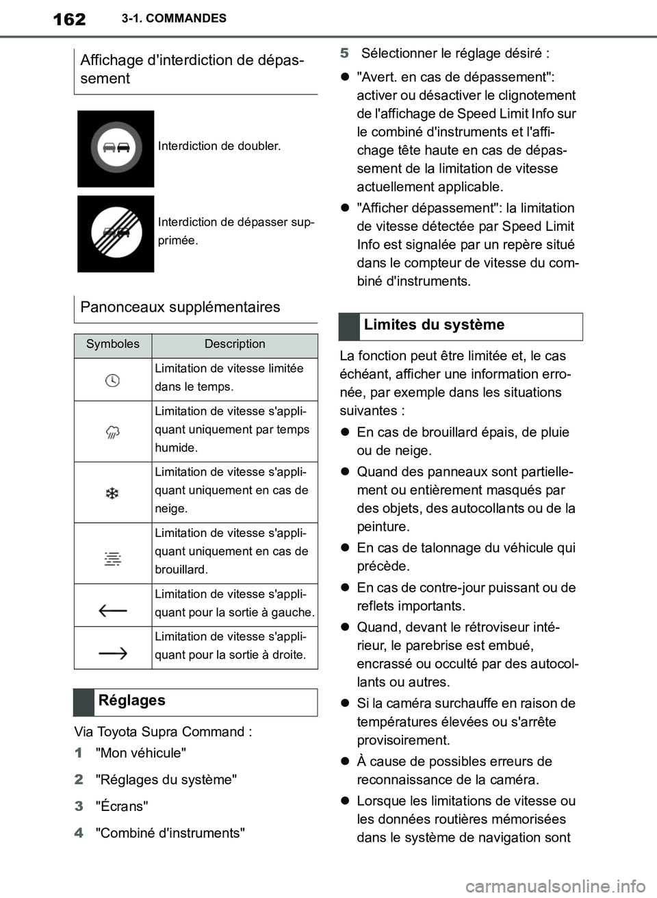 TOYOTA SUPRA 2019 Notices Demploi (in French) 162
Supra Owners Manual_EK
3-1. COMMANDES
Via Toyota Supra Command :
1"Mon véhicule"
2"Réglages du système"
3"Écrans"
4"Combiné dinstruments"5Sélectionner le réglage désiré :
"Avert. en TOYOTA SUPRA 2019 Notices Demploi (in French) 162
Supra Owners Manual_EK
3-1. COMMANDES
Via Toyota Supra Command :
1"Mon véhicule"
2"Réglages du système"
3"Écrans"
4"Combiné dinstruments"5Sélectionner le réglage désiré :
"Avert. en