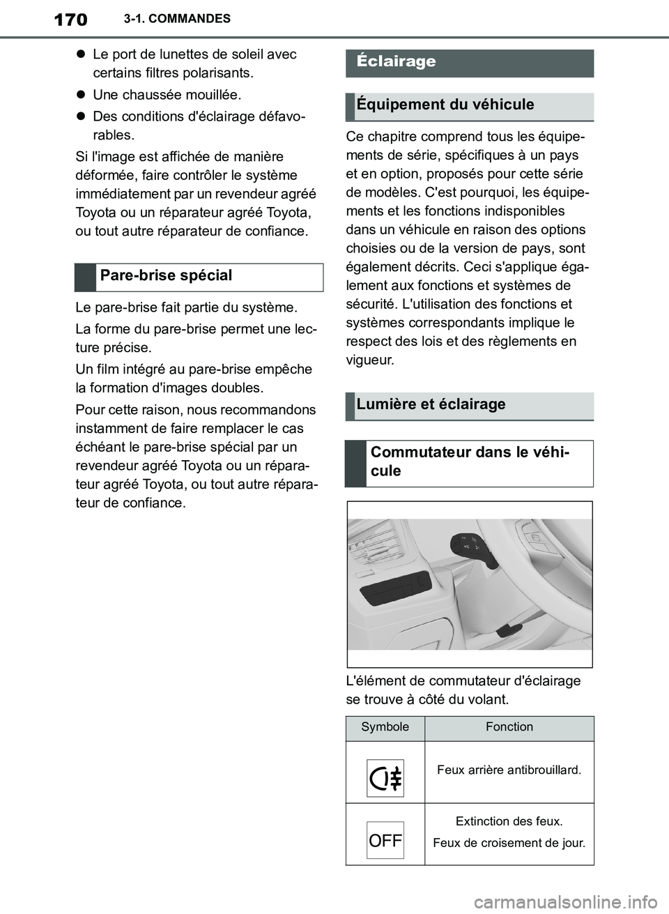 TOYOTA SUPRA 2019 Notices Demploi (in French) 170
Supra Owners Manual_EK
3-1. COMMANDES
Le port de lunettes de soleil avec
certains filtres polarisants.
Une chaussée mouillée.
Des conditions déclairage défavo-
rables.
Si limage e TOYOTA SUPRA 2019 Notices Demploi (in French) 170
Supra Owners Manual_EK
3-1. COMMANDES
Le port de lunettes de soleil avec
certains filtres polarisants.
Une chaussée mouillée.
Des conditions déclairage défavo-
rables.
Si limage e