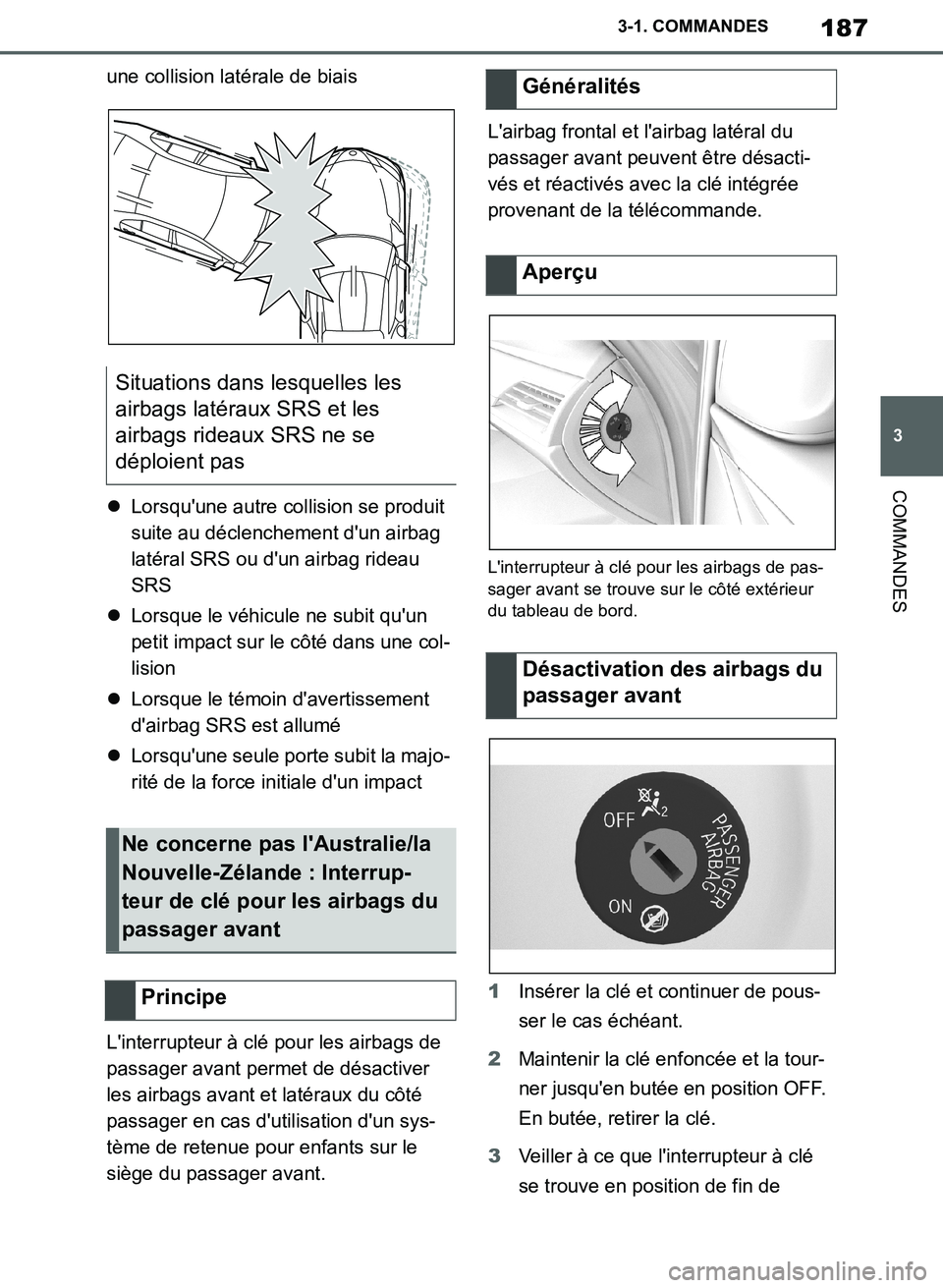 TOYOTA SUPRA 2019  Notices Demploi (in French) 187
3
Supra Owners Manual_EK
3-1. COMMANDES
COMMANDES
une collision latérale de biais
Lorsquune autre collision se produit 
suite au déclenchement dun airbag 
latéral SRS ou dun airbag ridea
