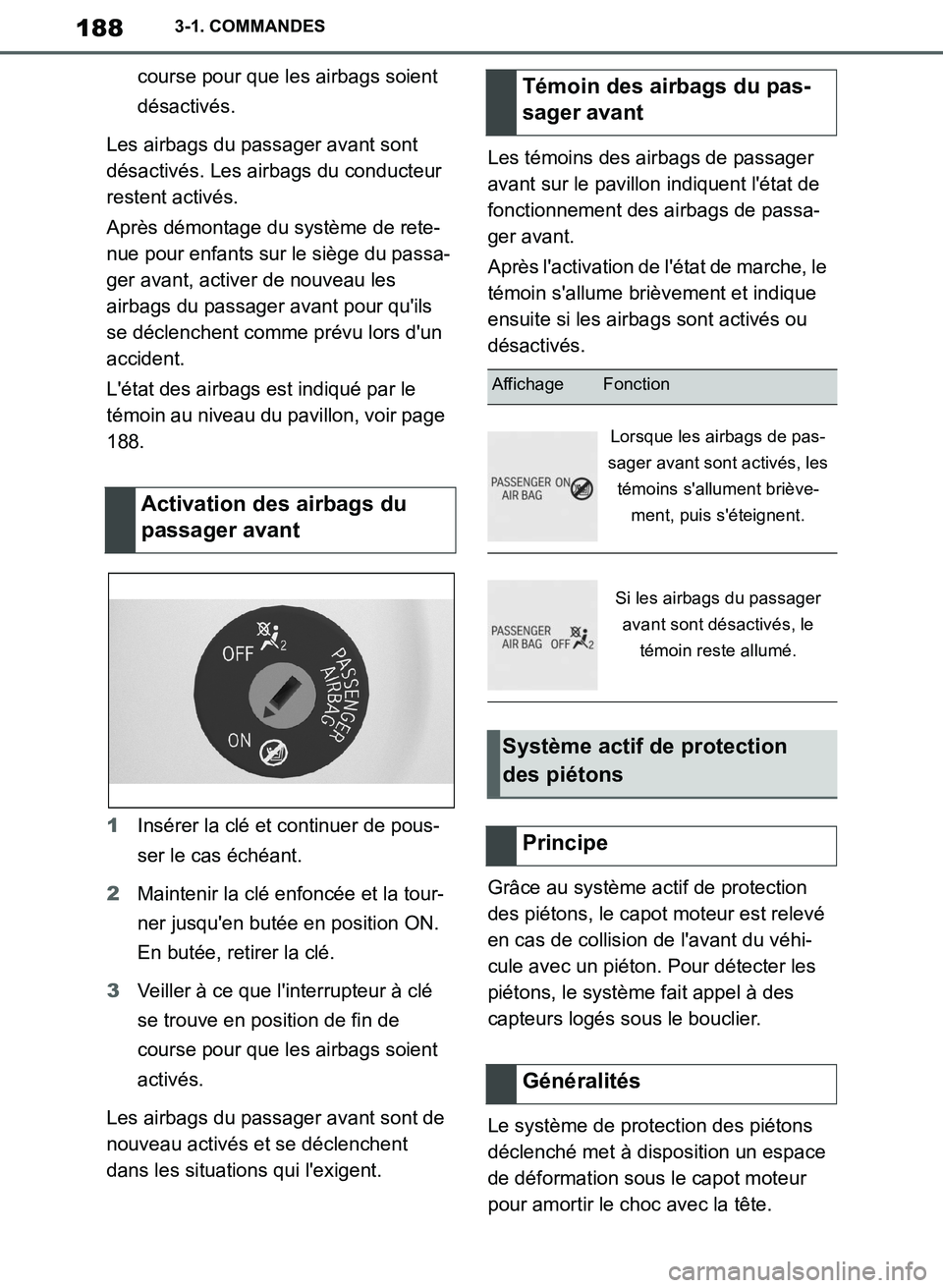 TOYOTA SUPRA 2019  Notices Demploi (in French) 188
Supra Owners Manual_EK
3-1. COMMANDES
course pour que les airbags soient 
désactivés.
Les airbags du passager avant sont 
désactivés. Les airbags du conducteur 
restent activés.
Après démo