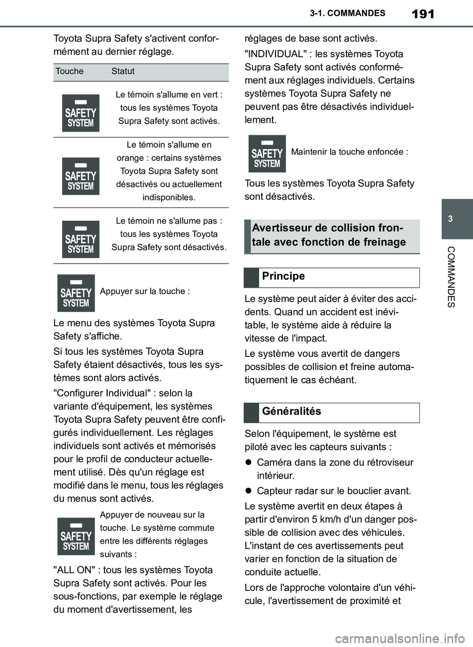 TOYOTA SUPRA 2019  Notices Demploi (in French) 191
3
Supra Owners Manual_EK
3-1. COMMANDES
COMMANDES
Toyota Supra Safety sactivent confor-
mément au dernier réglage.
Le menu des systèmes Toyota Supra 
Safety saffiche.
Si tous les systèmes T
