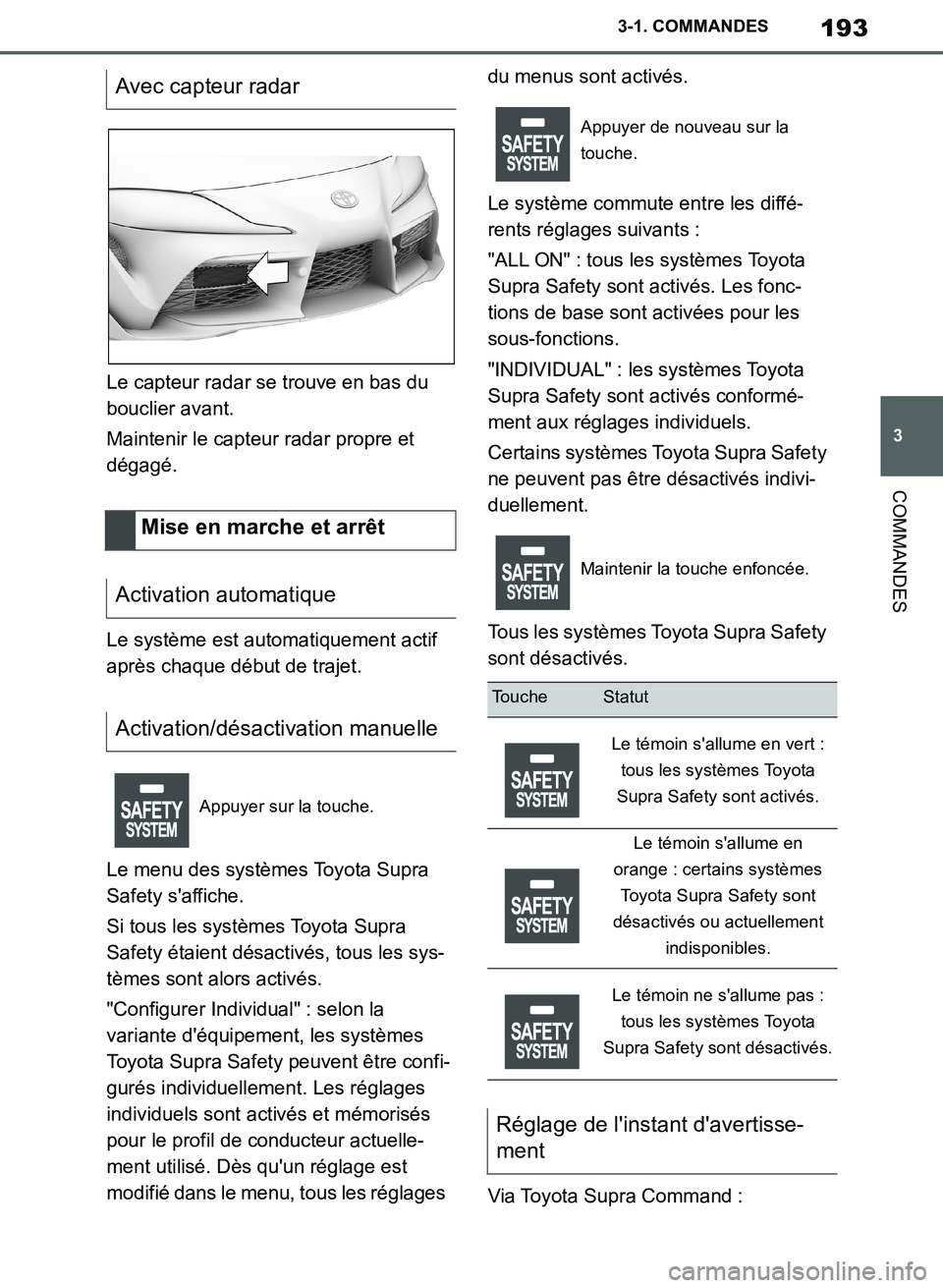 TOYOTA SUPRA 2019  Notices Demploi (in French) 193
3
Supra Owners Manual_EK
3-1. COMMANDES
COMMANDES
Le capteur radar se trouve en bas du 
bouclier avant.
Maintenir le capteur radar propre et 
dégagé.
Le système est automatiquement actif 
apr