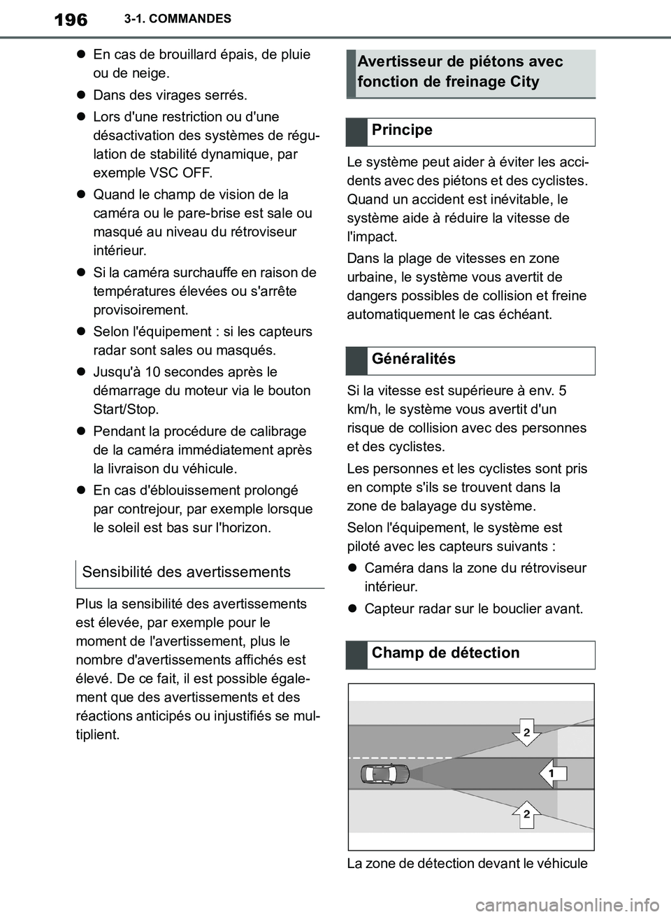TOYOTA SUPRA 2019  Notices Demploi (in French) 196
Supra Owners Manual_EK
3-1. COMMANDES
En cas de brouillard épais, de pluie 
ou de neige.
Dans des virages serrés.
Lors dune restriction ou dune 
désactivation des systèmes de régu