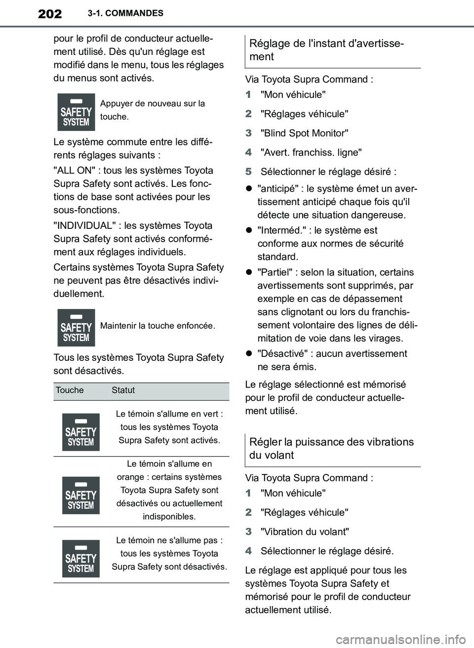 TOYOTA SUPRA 2019  Notices Demploi (in French) 202
Supra Owners Manual_EK
3-1. COMMANDES
pour le profil de conducteur actuelle-
ment utilisé. Dès quun réglage est 
modifié dans le menu, tous les réglages 
du menus sont activés.
Le système