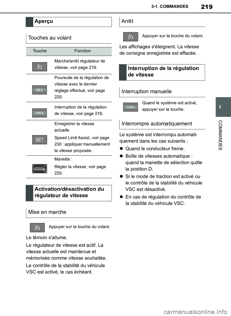 TOYOTA SUPRA 2019  Notices Demploi (in French) 219
3
Supra Owners Manual_EK
3-1. COMMANDES
COMMANDES
Le témoin sallume.
Le régulateur de vitesse est actif. La 
vitesse actuelle est maintenue et 
mémorisée comme vitesse souhaitée.
Le contrô