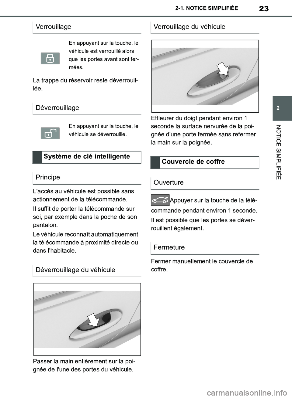 TOYOTA SUPRA 2019  Notices Demploi (in French) 23
2
Supra Owners Manual_EK
2-1. NOTICE SIMPLIFIÉE
NOTICE SIMPLIFIÉE
La trappe du réservoir reste déverrouil-
lée.
Laccès au véhicule est possible sans 
actionnement de la télécommande.
Il 