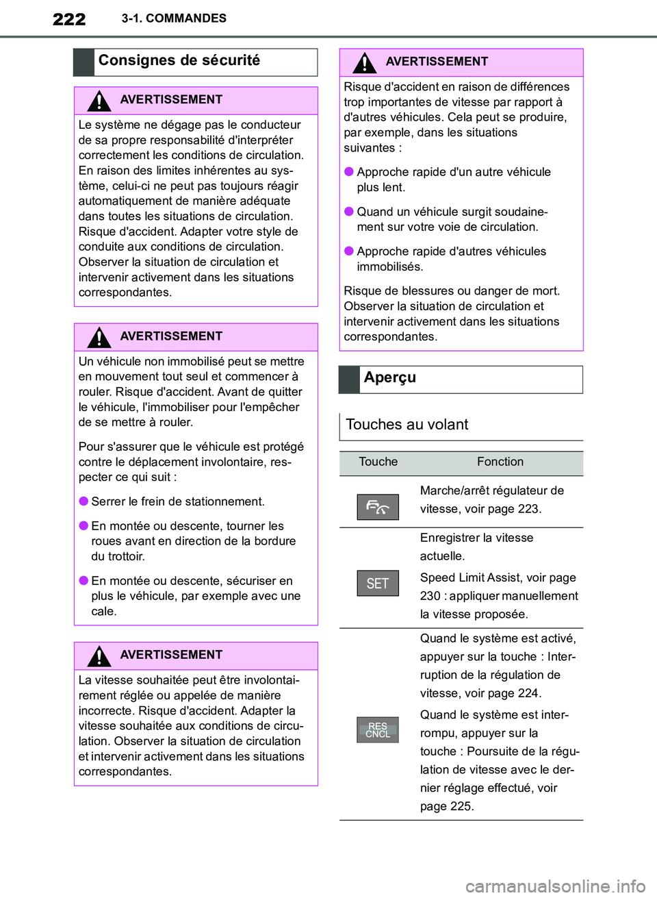 TOYOTA SUPRA 2019  Notices Demploi (in French) 222
Supra Owners Manual_EK
3-1. COMMANDES
Consignes de sécurité
AVERTISSEMENT
Le système ne dégage pas le conducteur 
de sa propre responsabilité dinterpréter 
correctement les conditions de c