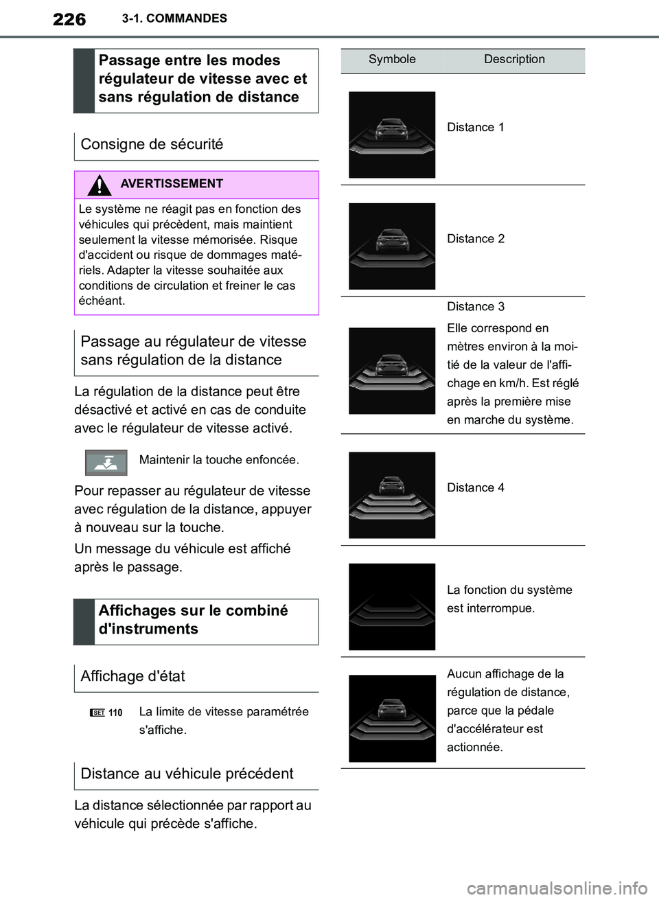 TOYOTA SUPRA 2019  Notices Demploi (in French) 226
Supra Owners Manual_EK
3-1. COMMANDES
La régulation de la distance peut être 
désactivé et activé en cas de conduite 
avec le régulateur de vitesse activé.
Pour repasser au régulateur de 