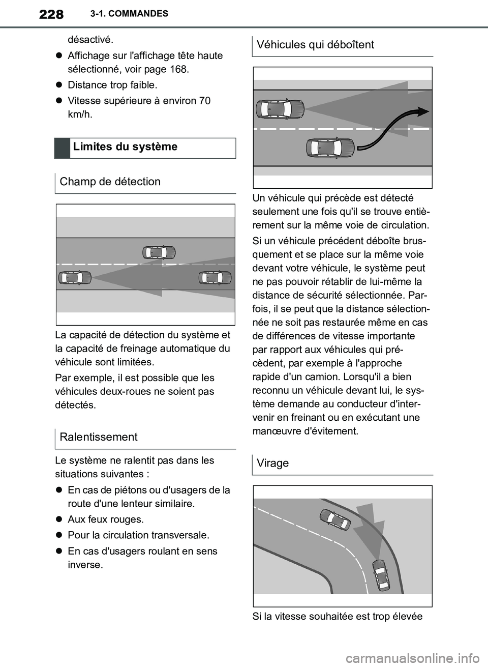 TOYOTA SUPRA 2019  Notices Demploi (in French) 228
Supra Owners Manual_EK
3-1. COMMANDES
désactivé.
Affichage sur laffichage tête haute 
sélectionné, voir page 168.
Distance trop faible.
Vitesse supérieure à environ 70 
km/h.
La 