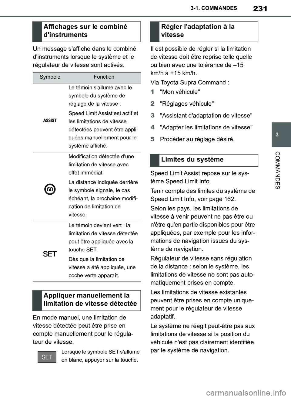TOYOTA SUPRA 2019  Notices Demploi (in French) 231
3
Supra Owners Manual_EK
3-1. COMMANDES
COMMANDES
Un message saffiche dans le combiné 
dinstruments lorsque le système et le 
régulateur de vitesse sont activés.
En mode manuel, une limitat