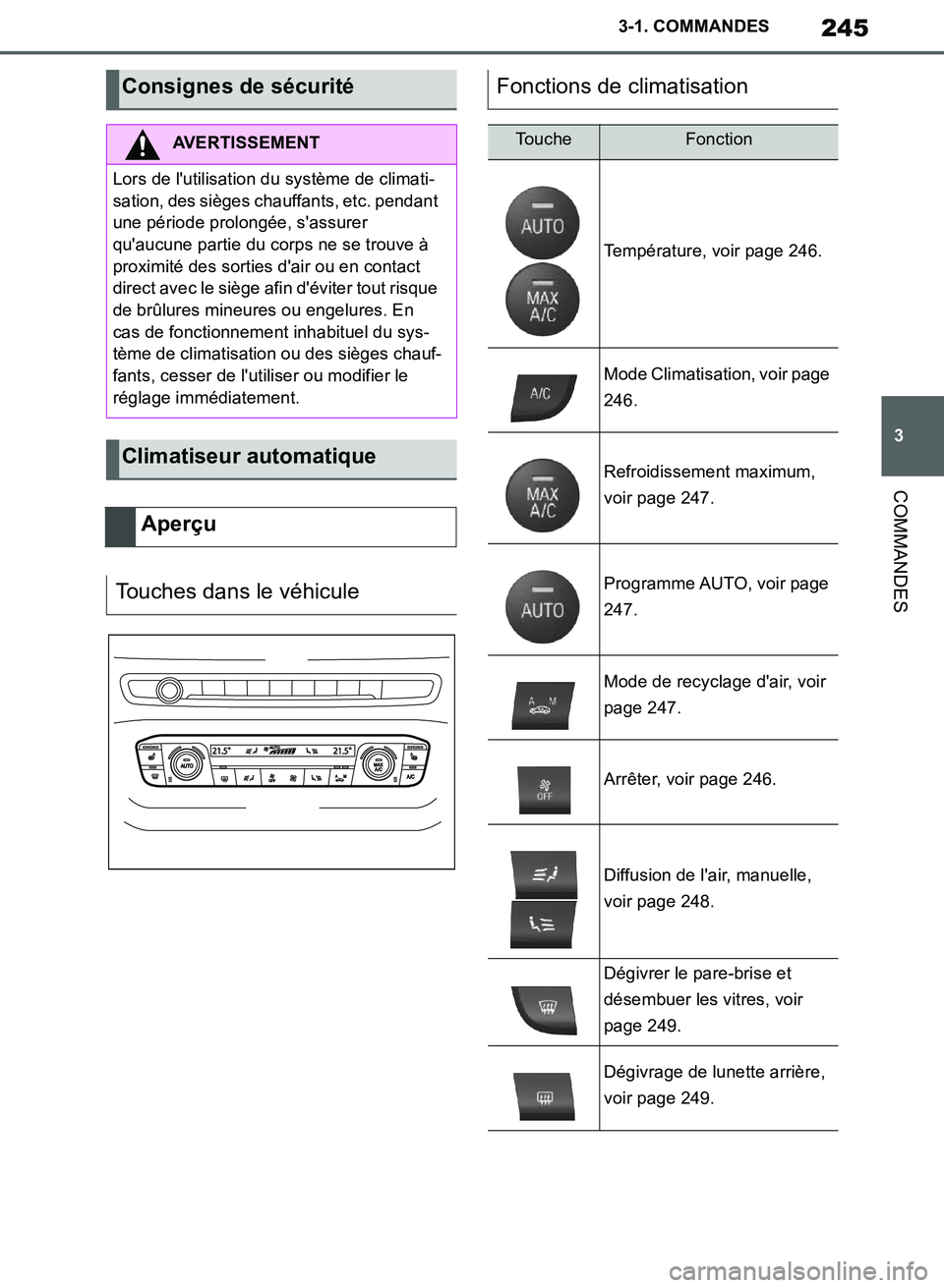 TOYOTA SUPRA 2019  Notices Demploi (in French) 245
3
Supra Owners Manual_EK
3-1. COMMANDES
COMMANDES
Consignes de sécurité
AVERTISSEMENT
Lors de lutilisation du système de climati-
sation, des sièges chauffants, etc. pendant 
une période pr
