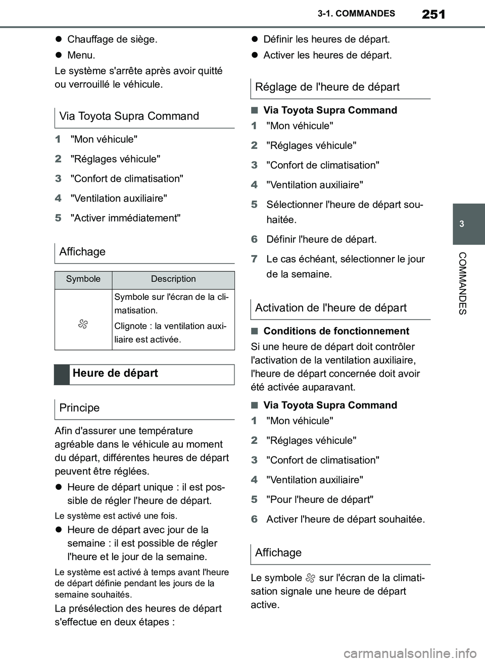 TOYOTA SUPRA 2019  Notices Demploi (in French) 251
3
Supra Owners Manual_EK
3-1. COMMANDES
COMMANDES
Chauffage de siège.
Menu.
Le système sarrête après avoir quitté 
ou verrouillé le véhicule.
1"Mon véhicule"
2"Réglages véhicule"