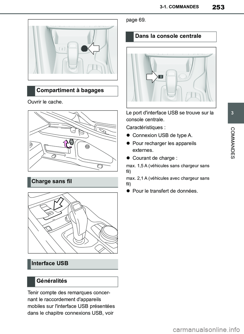 TOYOTA SUPRA 2019  Notices Demploi (in French) 253
3
Supra Owners Manual_EK
3-1. COMMANDES
COMMANDES
Ouvrir le cache.
Tenir compte des remarques concer-
nant le raccordement dappareils 
mobiles sur linterface USB présentées 
dans le chapitre 