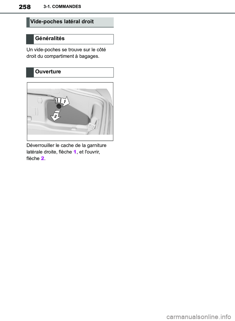 TOYOTA SUPRA 2019  Notices Demploi (in French) 258
Supra Owners Manual_EK
3-1. COMMANDES
Un vide-poches se trouve sur le côté 
droit du compartiment à bagages.
Déverrouiller le cache de la garniture 
latérale droite, flèche 1, et louvrir, 