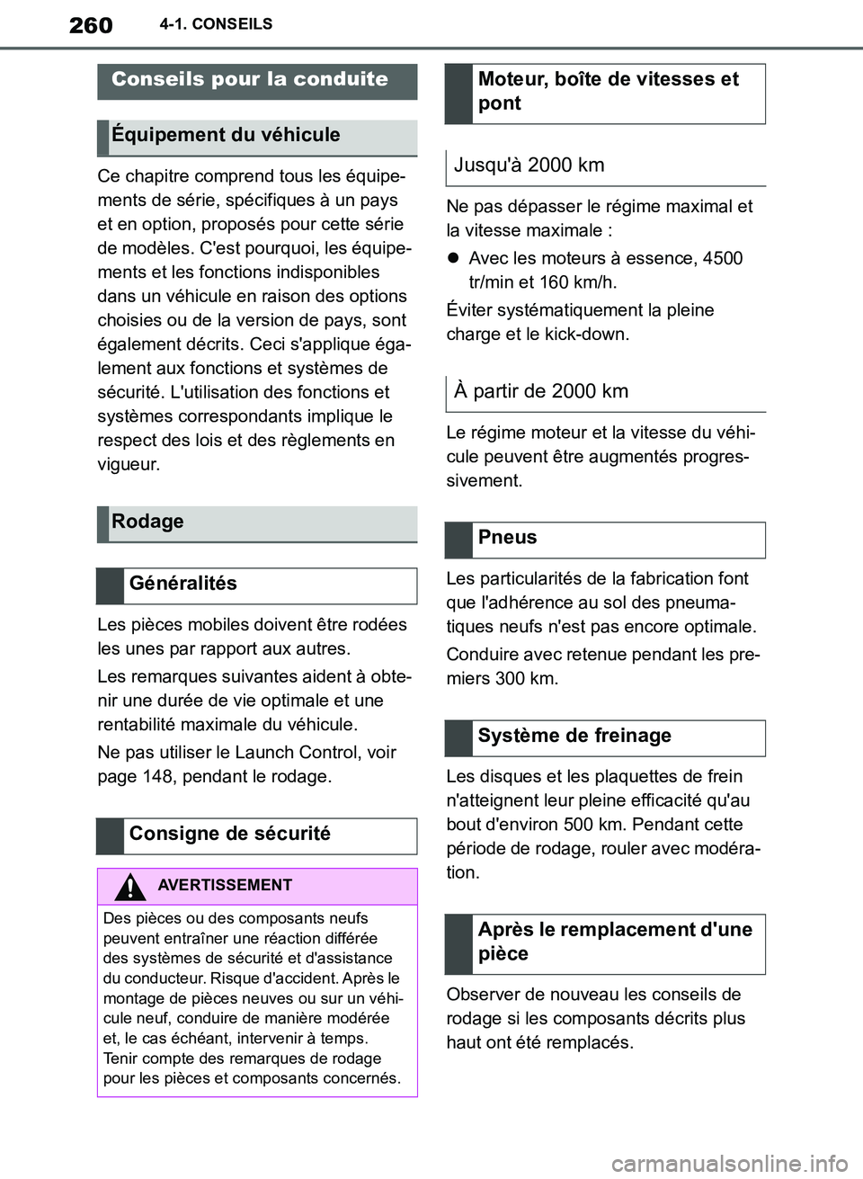 TOYOTA SUPRA 2019  Notices Demploi (in French) 260
Supra Owners Manual_EK
4-1. CONSEILS
4-1.CONSEILS
Ce chapitre comprend tous les équipe-
ments de série, spécifiques à un pays 
et en option, proposés pour cette série 
de modèles. Cest po
