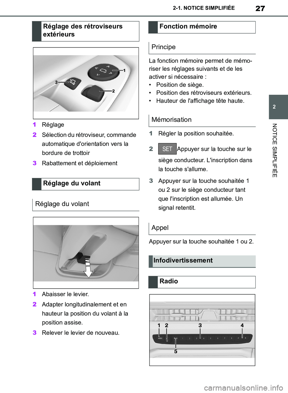 TOYOTA SUPRA 2019  Notices Demploi (in French) 27
2
Supra Owners Manual_EK
2-1. NOTICE SIMPLIFIÉE
NOTICE SIMPLIFIÉE1Réglage
2Sélection du rétroviseur, commande 
automatique dorientation vers la 
bordure de trottoir
3Rabattement et déploiem