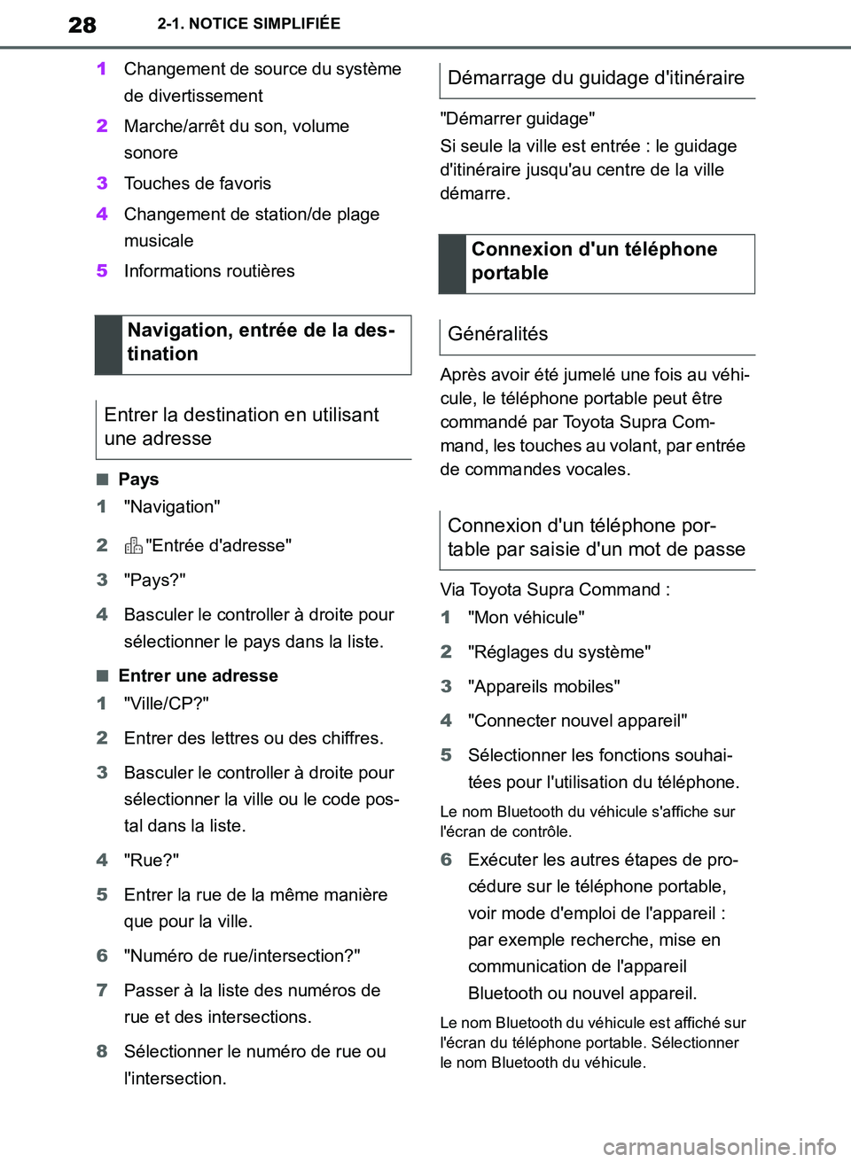 TOYOTA SUPRA 2019  Notices Demploi (in French) 28
Supra Owners Manual_EK
2-1. NOTICE SIMPLIFIÉE
1Changement de source du système 
de divertissement
2Marche/arrêt du son, volume 
sonore
3Touches de favoris
4Changement de station/de plage 
music