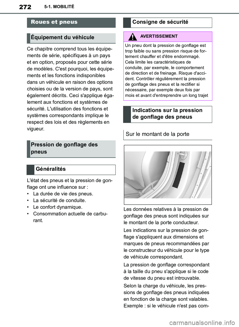 TOYOTA SUPRA 2019  Notices Demploi (in French) 272
Supra Owners Manual_EK
5-1. MOBILITÉ
Ce chapitre comprend tous les équipe-
ments de série, spécifiques à un pays 
et en option, proposés pour cette série 
de modèles. Cest pourquoi, les 