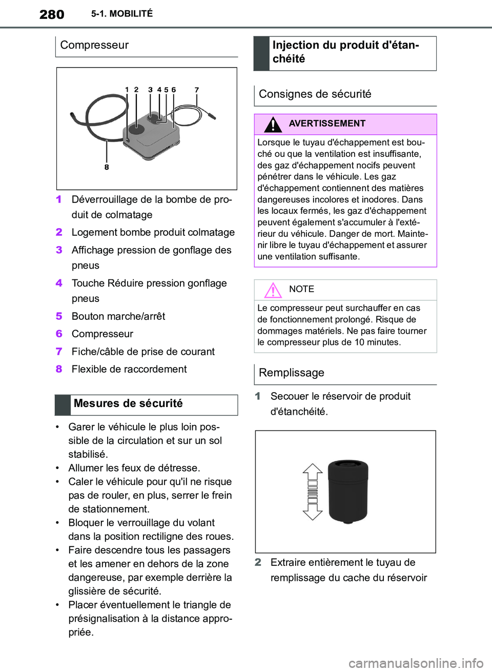 TOYOTA SUPRA 2019  Notices Demploi (in French) 280
Supra Owners Manual_EK
5-1. MOBILITÉ
1Déverrouillage de la bombe de pro-
duit de colmatage
2Logement bombe produit colmatage
3Affichage pression de gonflage des 
pneus
4Touche Réduire pression