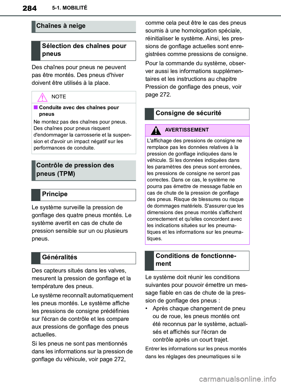 TOYOTA SUPRA 2019  Notices Demploi (in French) 284
Supra Owners Manual_EK
5-1. MOBILITÉ
Des chaînes pour pneus ne peuvent 
pas être montés. Des pneus dhiver 
doivent être utilisés à la place.
Le système surveille la pression de 
gonflage