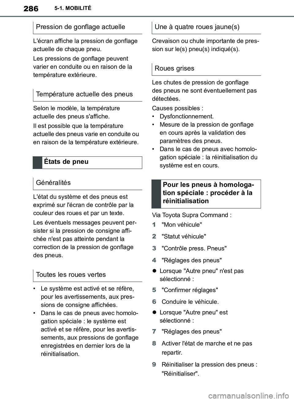 TOYOTA SUPRA 2019  Notices Demploi (in French) 286
Supra Owners Manual_EK
5-1. MOBILITÉ
Lécran affiche la pression de gonflage 
actuelle de chaque pneu.
Les pressions de gonflage peuvent 
varier en conduite ou en raison de la 
température ext