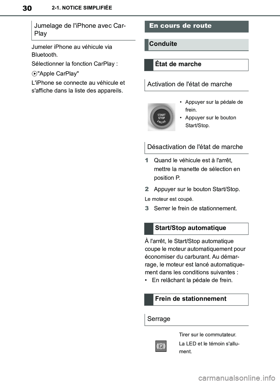 TOYOTA SUPRA 2019  Notices Demploi (in French) 30
Supra Owners Manual_EK
2-1. NOTICE SIMPLIFIÉE
Jumeler iPhone au véhicule via 
Bluetooth.
Sélectionner la fonction CarPlay :
"Apple CarPlay"
LiPhone se connecte au véhicule et 
saffiche dans 