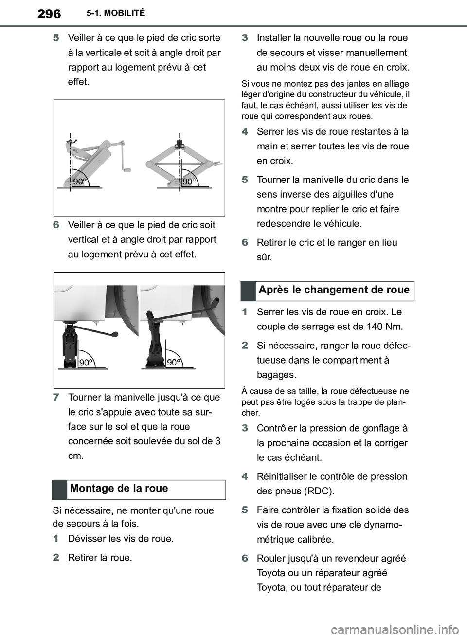 TOYOTA SUPRA 2019 Notices Demploi (in French) 296
Supra Owners Manual_EK
5-1. MOBILITÉ
5Veiller à ce que le pied de cric sorte
à la verticale et soit à angle droit par
rapport au logement prévu à cet
effet.
6Veiller à ce que le pied de TOYOTA SUPRA 2019 Notices Demploi (in French) 296
Supra Owners Manual_EK
5-1. MOBILITÉ
5Veiller à ce que le pied de cric sorte
à la verticale et soit à angle droit par
rapport au logement prévu à cet
effet.
6Veiller à ce que le pied de