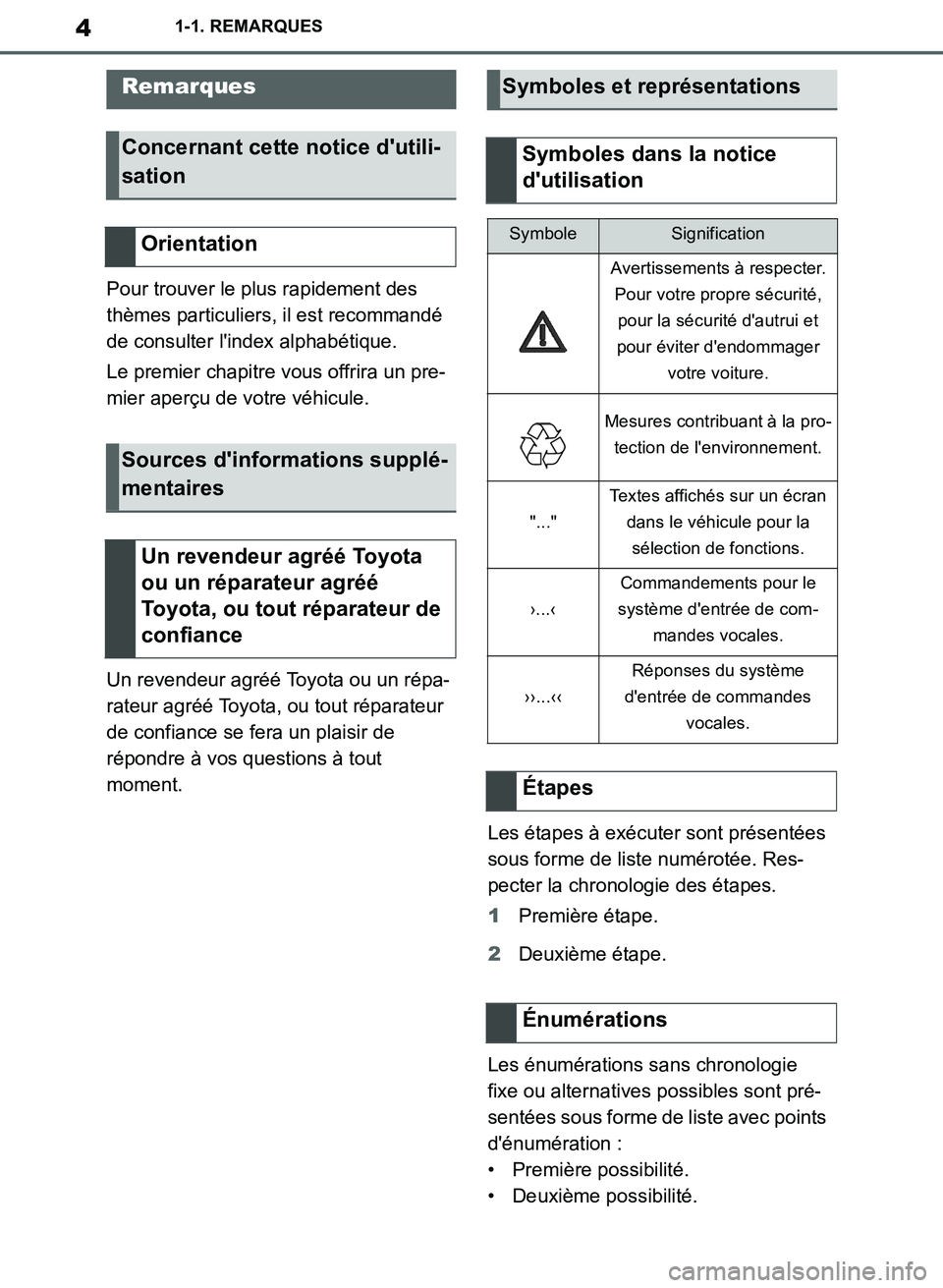 TOYOTA SUPRA 2019 Notices Demploi (in French) 4
Supra Owners Manual_EK
1-1. REMARQUES
1-1.REMARQUES
Pour trouver le plus rapidement des
thèmes particuliers, il est recommandé
de consulter lindex alphabétique.
Le premier chapitre vous offri TOYOTA SUPRA 2019 Notices Demploi (in French) 4
Supra Owners Manual_EK
1-1. REMARQUES
1-1.REMARQUES
Pour trouver le plus rapidement des
thèmes particuliers, il est recommandé
de consulter lindex alphabétique.
Le premier chapitre vous offri