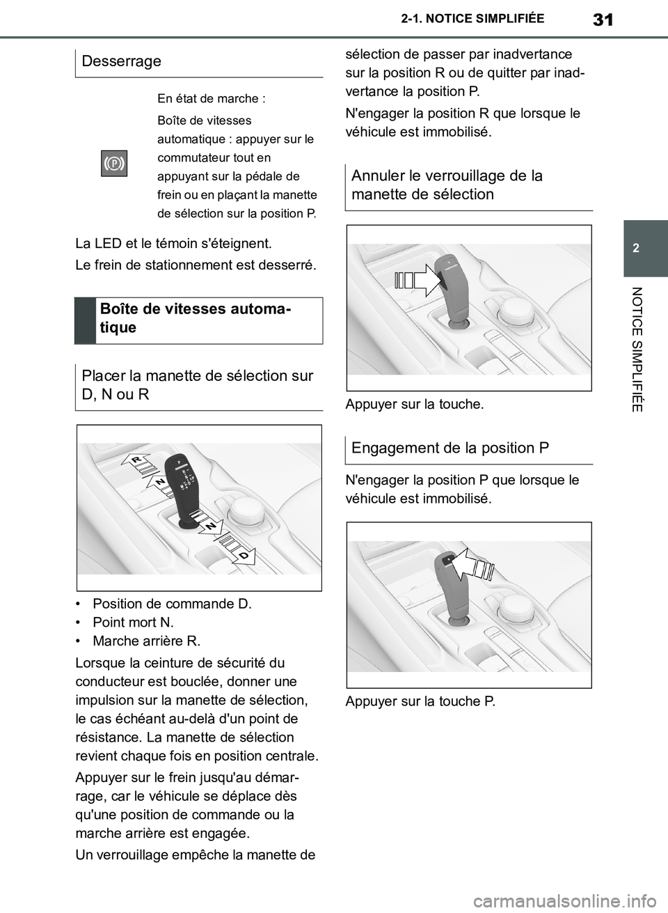 TOYOTA SUPRA 2019  Notices Demploi (in French) 31
2
Supra Owners Manual_EK
2-1. NOTICE SIMPLIFIÉE
NOTICE SIMPLIFIÉE
La LED et le témoin séteignent.
Le frein de stationnement est desserré.
• Position de commande D.
• Point mort N.
• Ma