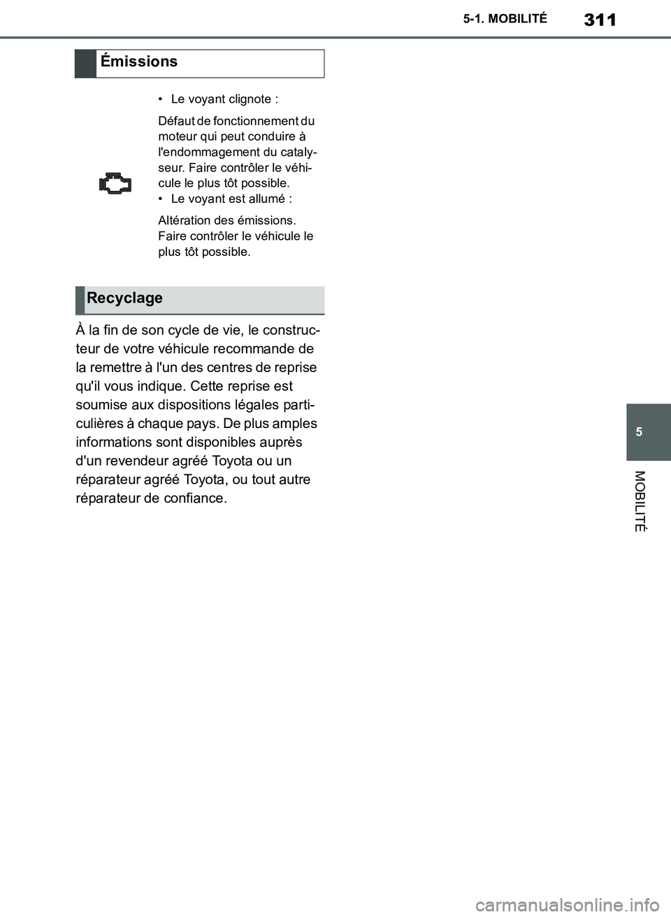 TOYOTA SUPRA 2019 Notices Demploi (in French) 311
5
Supra Owners Manual_EK
5-1. MOBILITÉ
MOBILITÉ
À la fin de son cycle de vie, le construc-
teur de votre véhicule recommande de
la remettre à lun des centres de reprise
quil vous indique TOYOTA SUPRA 2019 Notices Demploi (in French) 311
5
Supra Owners Manual_EK
5-1. MOBILITÉ
MOBILITÉ
À la fin de son cycle de vie, le construc-
teur de votre véhicule recommande de
la remettre à lun des centres de reprise
quil vous indique