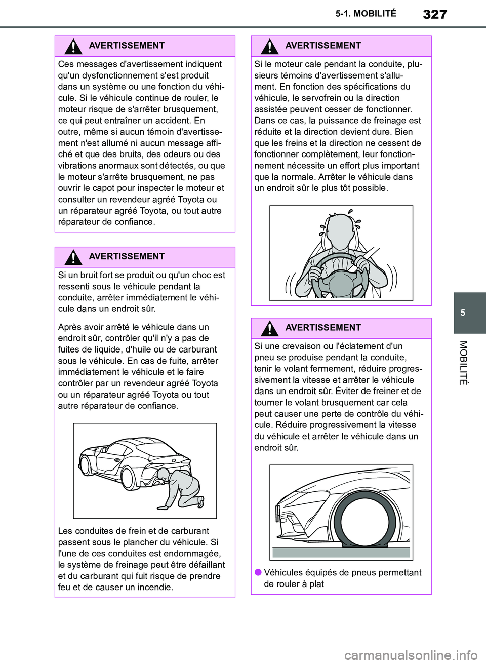 TOYOTA SUPRA 2019  Notices Demploi (in French) 327
5
Supra Owners Manual_EK
5-1. MOBILITÉ
MOBILITÉ
AVERTISSEMENT
Ces messages davertissement indiquent 
quun dysfonctionnement sest produit 
dans un système ou une fonction du véhi-
cule. Si 