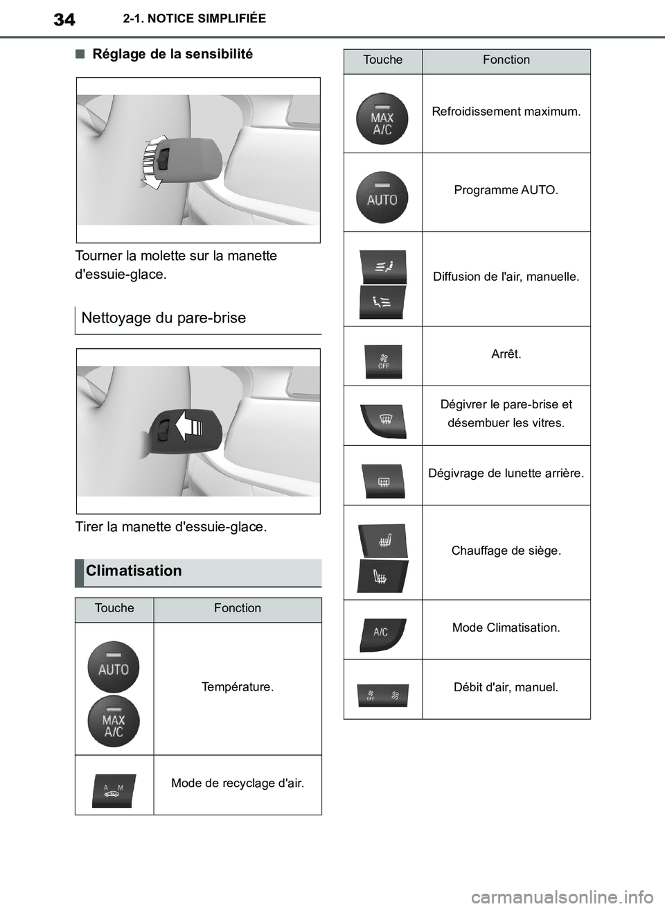 TOYOTA SUPRA 2019  Notices Demploi (in French) 34
Supra Owners Manual_EK
2-1. NOTICE SIMPLIFIÉE
■Réglage de la sensibilité
Tourner la molette sur la manette 
dessuie-glace.
Tirer la manette dessuie-glace.
Nettoyage du pare-brise
Climatisat